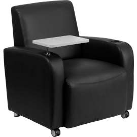 Leather Mobile Guest Chair with Tablet Arm and Cup Holder - Black