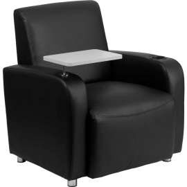 Leather Guest Chair with Tablet Arm and Cup Holder - Black