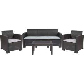 Flash Furniture 4 Piece Faux Rattan Outdoor Sofa Set, Dark Gray w/ Light Gray Cushions