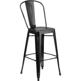 Flash Furniture 30" High Distressed Metal Indoor-Outdoor Counter Height Stool with Back - Black