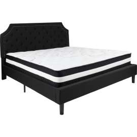 Flash Furniture Brighton Tufted Upholstered Platform Bed, Black, With Pocket Spring Mattress, King