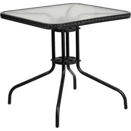 Flash Furniture 28" Square Tempered Glass Metal Table with Black Rattan Edging