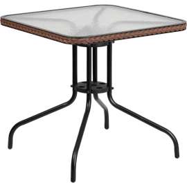 Flash Furniture 28" Square Tempered Glass Metal Table with Dark Brown Rattan Edging