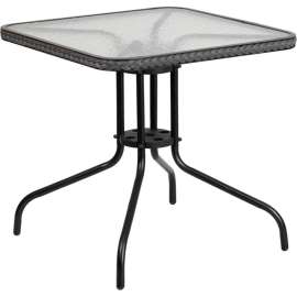 Flash Furniture 28" Square Tempered Glass Metal Table with Gray Rattan Edging