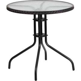 Flash Furniture 28" Round Tempered Glass Metal Table with Black Rattan Edging