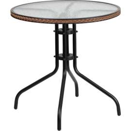 Flash Furniture 28" Round Tempered Glass Metal Table with Dark Brown Rattan Edging
