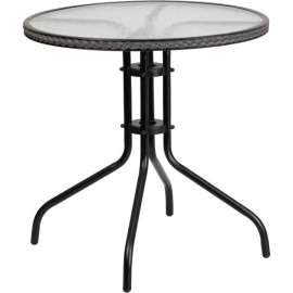 Flash Furniture 28" Round Tempered Glass Metal Table with Gray Rattan Edging