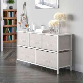 Flash Furniture 5 Drawer Wood Top Cast Vertical Storage Dresser, Light Gray Fabric Drawers, White