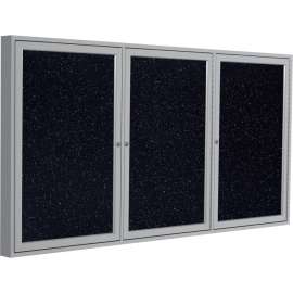 Ghent Enclosed Bulletin Board, 3 Door, 96"W x 48"H, Confetti Recycled Rubber/Silver Frame