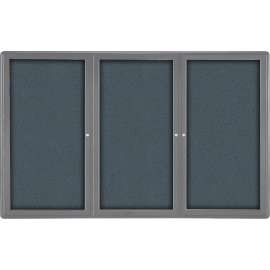 Ghent Ovation Enclosed Bulletin Board, 3 Door, 72"W x 48"H, Gray Fabric/Gray Frame