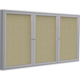 Ghent Enclosed Bulletin Board, 3 Door, 72"W x 36"H, Beige Fabric/Silver Frame