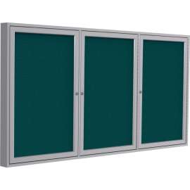 Ghent Enclosed Bulletin Board, 3 Door, 96"W x 48"H, Blue Fabric/Silver Frame