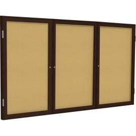Ghent Enclosed Bulletin Board, 3 Door, 96"W x 48"H, Natural Cork/Walnut Frame