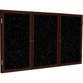 Ghent Enclosed Bulletin Board, 3 Door, 96"W x 48"H, Tan Speckled Recycled Rubber/Walnut Frame