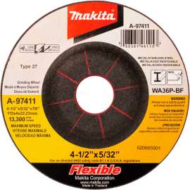 Makita INOX Flex Grinding Wheel, 36 Grit, Type 27, 4-1/2"Dia x 5/32" x 7/8" Cntr HoleDia-25/Pk
