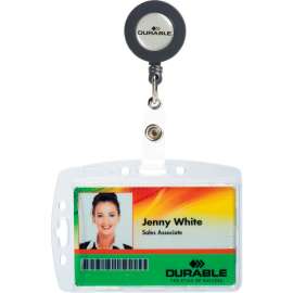 Durable Shell-Style ID Card Holder, Vertical/Horizontal, With Reel, Clear, 10/Pack