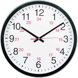 Universal 24-Hour Round Wall Clock, 12.63" Overall Diameter, Black Case, 1 AA