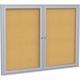 Ghent Enclosed Bulletin Board, 2 Door, 60"W x 48"H, Natural Cork/Silver Frame