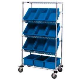 Global Industrial Easy Access Slant Shelf Chrome Wire Cart 12 3-1/2"H Grid Bins Blue 36x18x63