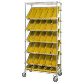 Global Industrial Easy Access Slant Shelf Chrome Wire Cart, 30 4 Shelf Bins Yellow, 36"Lx18x74
