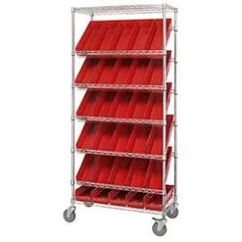 Global Industrial Easy Access Slant Shelf Chrome Wire Cart, 30 4"H Shelf Bins Red, 36Lx18Wx74H