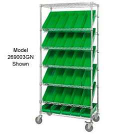 Global Industrial Easy Access Slant Shelf Chrome Wire Cart 18 4"H Shelf Bins Green 36Lx18Wx74H