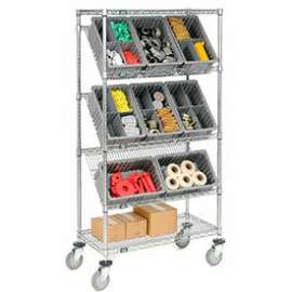 Global Industrial Easy Access Slant Shelf Chrome Wire Cart, 8 Red Grid Containers, 36Lx18Wx63H