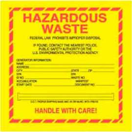 Paper Labels w/ "Hazardous Waste" Print, 6"L x 6"W, Yellow/Red/Black, Roll of 500