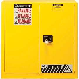 Justrite 40 Gallon 2 Door, Self-Close, Paint & Ink Cabinet, 43"W x 18"D x 44"H, Yellow
