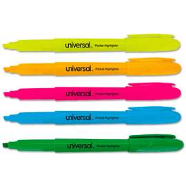 Universal Pocket Highlighter, Chisel Tip, Fluorescent Colors, 5/Set