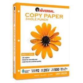Universal Copy Paper, 92 Brightness, 20lb, 8-1/2 x 11, 3-Hole Punch, White, 5000 Shts/Ctn