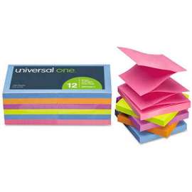 Universal One Fan-Folded Pop-Up Notes, 3 x 3, 5 Colors, 12 100-Sheet Pads/Pack