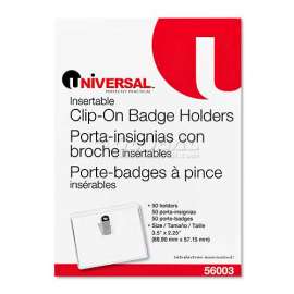 Universal Clip-On Clear Badge Holders W/Inserts, Top Load, 2 1/4 x 3 1/2, White, 50/Box