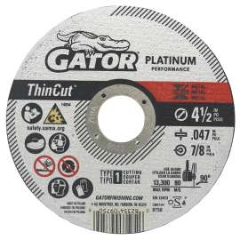 Gator 9750 Cut-Off Wheel, 4-1/2 in Dia, 0.047 in Thick, 7/8 in Arbor, Aluminum Oxide Abrasive